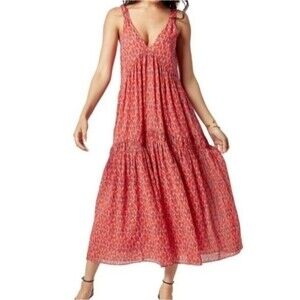 Joie Size M Bondin Sun Dress Printed Tiered Cotton Lined Maxi Pink Red